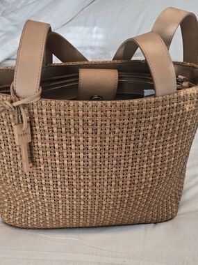Fossil Woven Shoulder Bag Brown Beige Leather Straps Key Charm Women NWOT
